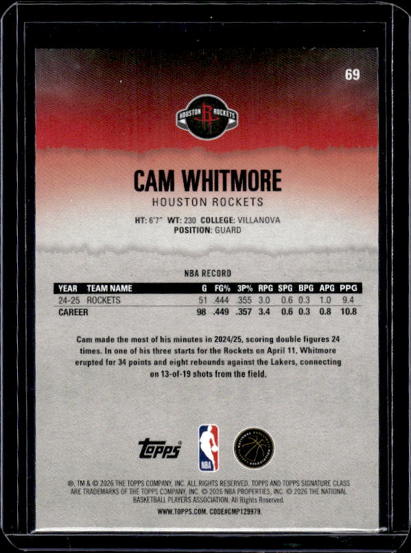 2025-26 Topps Signature Class #69 Cam Whitmore Blue & Orange