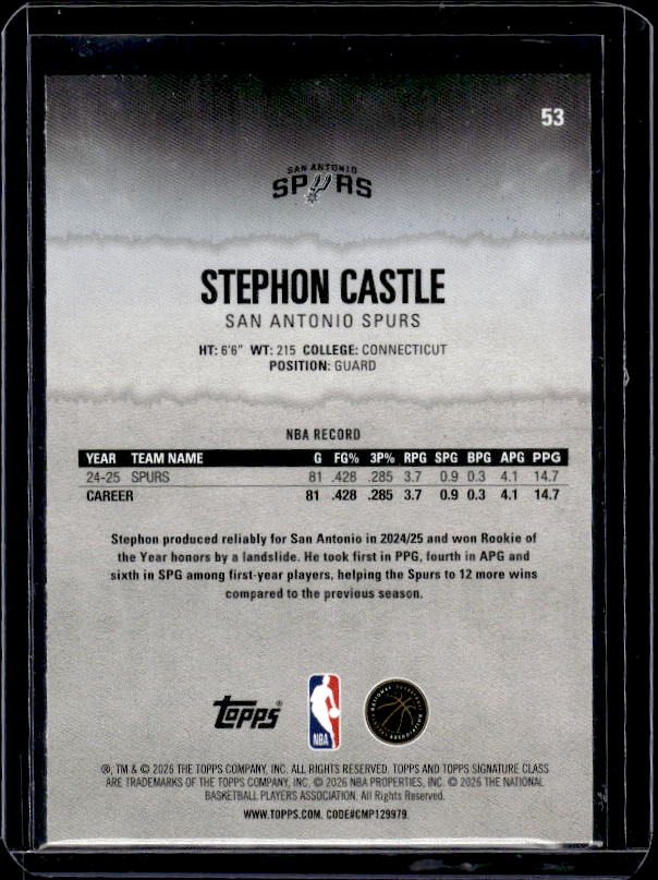 2025-26 Topps Signature Class #53 Stephon Castle Blue & Orange
