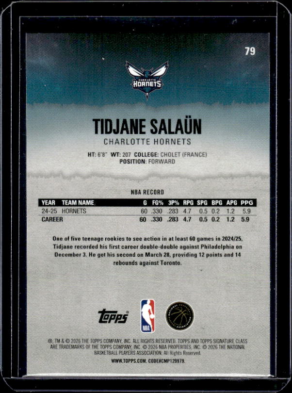 2025-26 Topps Signature Class #79 Tidjane Salaün Blue & Orange