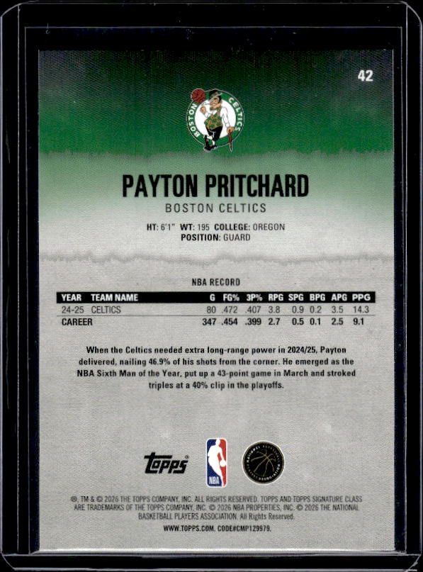 2025-26 Topps Signature Class #42 Payton Pritchard Blue & Orange