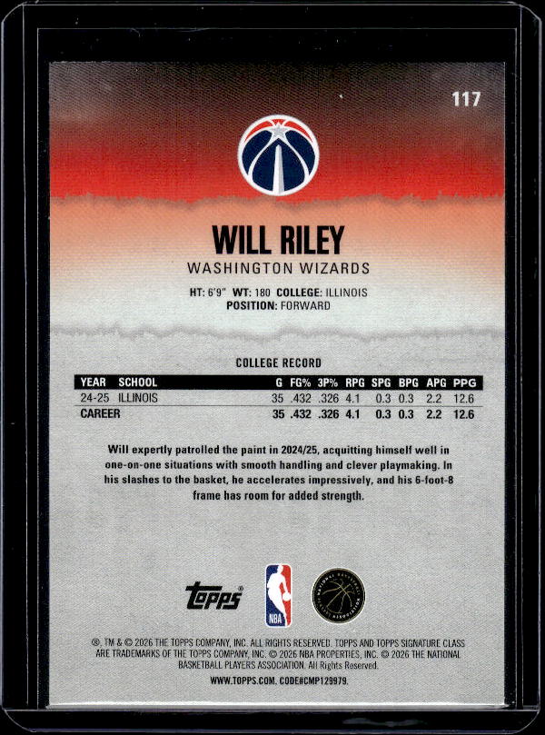 2025-26 Topps Signature Class #117 Will Riley Blue & Orange