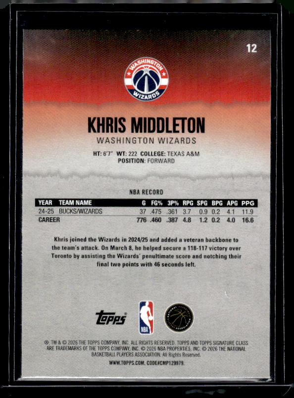 2025-26 Topps Signature Class #12 Khris Middleton Blue & Orange
