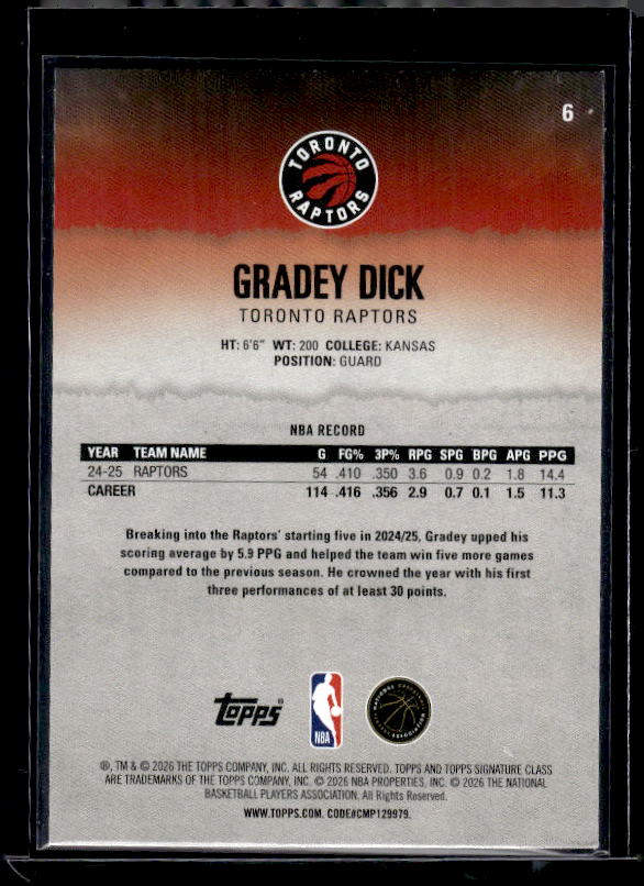2025-26 Topps Signature Class #6 Gradey Dick Blue & Orange