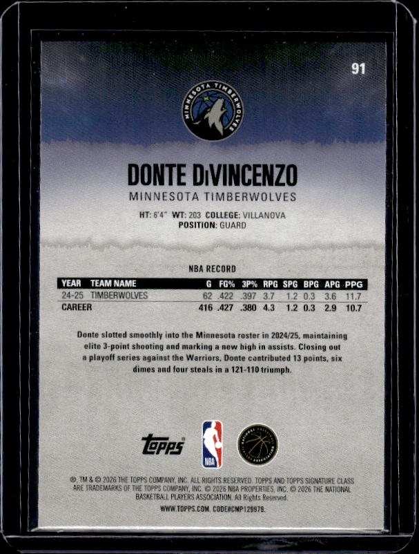 2025-26 Topps Signature Class #91 Donte DiVincenzo Blue & Orange