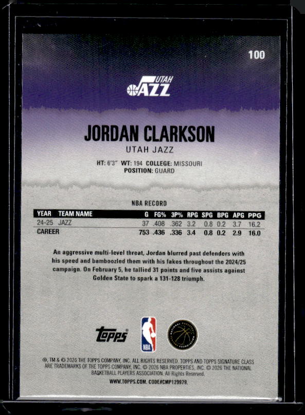 2025-26 Topps Signature Class #100 Jordan Clarkson Blue & Orange