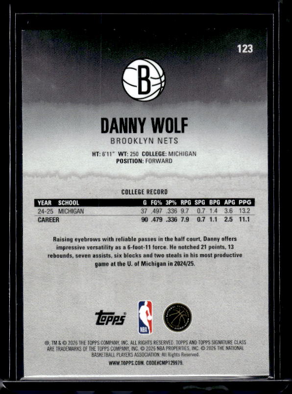 2025-26 Topps Signature Class #123 Danny Wolf Blue & Orange