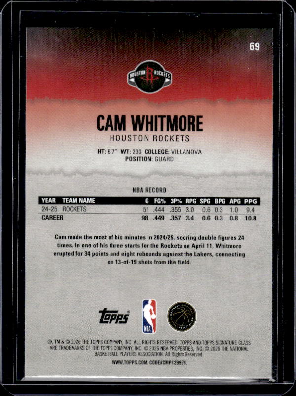 2025-26 Topps Signature Class #69 Cam Whitmore Blue & Orange
