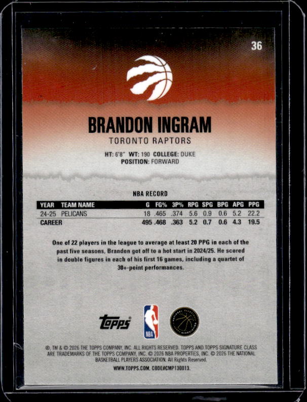 2025-26 Topps Signature Class #36 Brandon Ingram Chrome