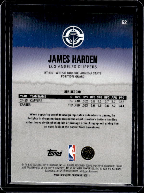 2025-26 Topps Signature Class #62 James Harden Chrome