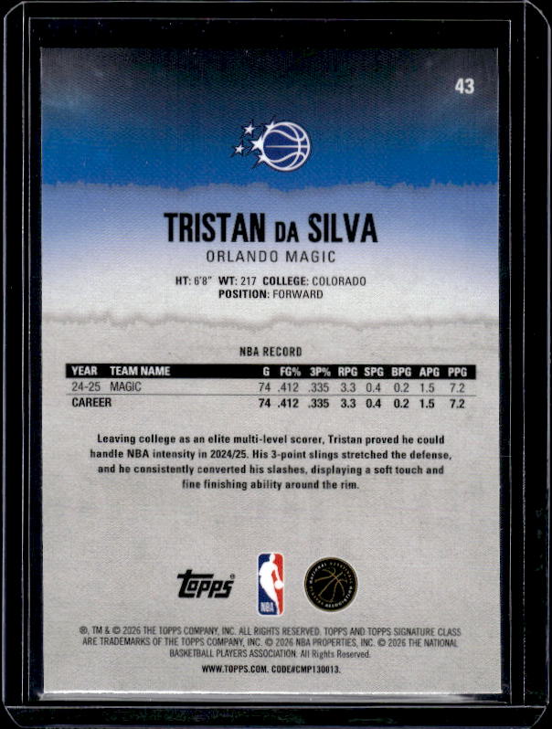 2025-26 Topps Signature Class #43 Tristan da Silva Chrome