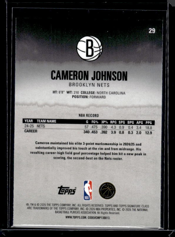 2025-26 Topps Signature Class #29 Cameron Johnson Chrome