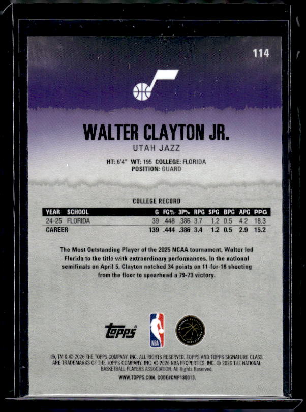 2025-26 Topps Signature Class #114 Walter Clayton Jr. Chrome