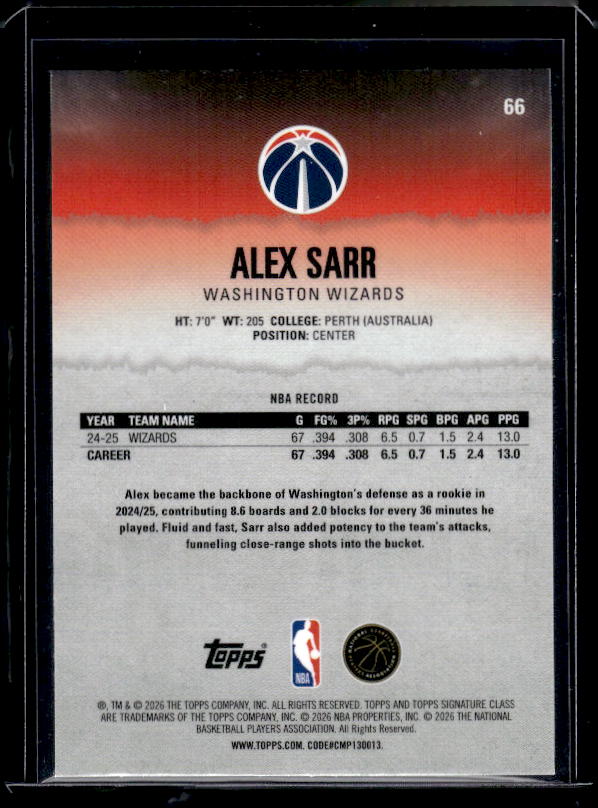 2025-26 Topps Signature Class #66 Alex Sarr Chrome