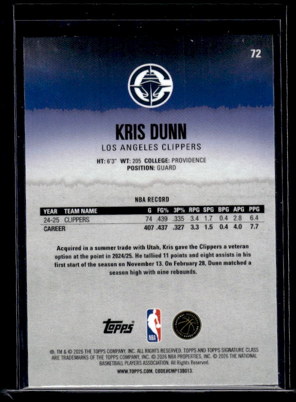 2025-26 Topps Signature Class #72 Kris Dunn Chrome