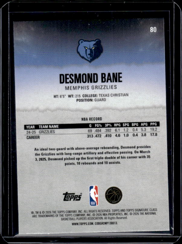 2025-26 Topps Signature Class #80 Desmond Bane Chrome
