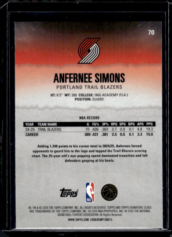 2025-26 Topps Signature Class #70 Anfernee Simons Chrome
