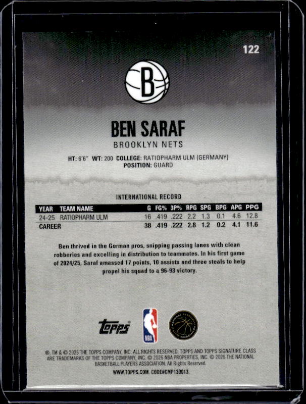 2025-26 Topps Signature Class #122 Ben Saraf Chrome
