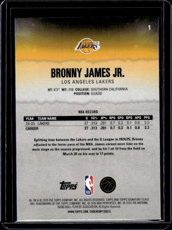 2025-26 Topps Signature Class #1 Bronny James Jr.