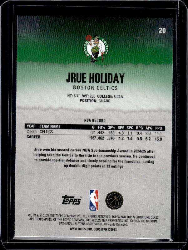 2025-26 Topps Signature Class #20 Jrue Holiday Chrome