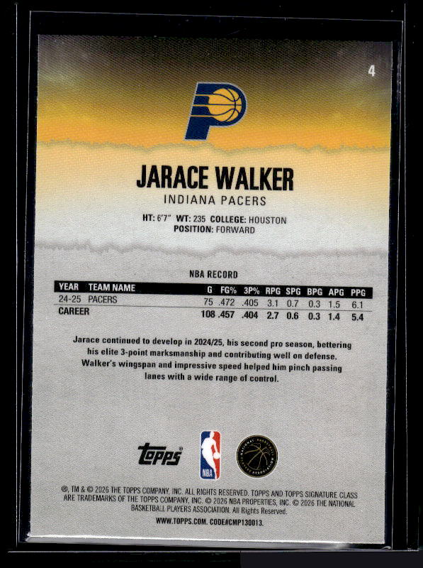 2025-26 Topps Signature Class #4 Jarace Walker Chrome