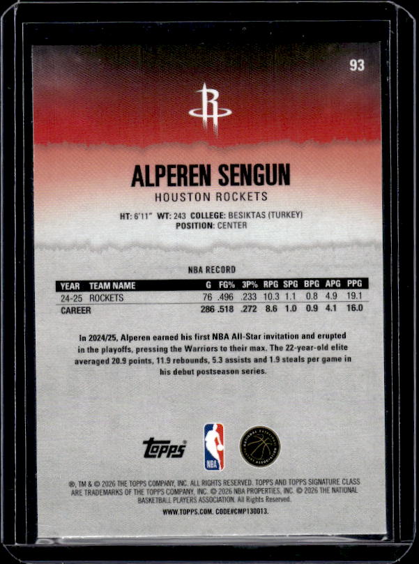 2025-26 Topps Signature Class #93 Alperen Sengun Chrome