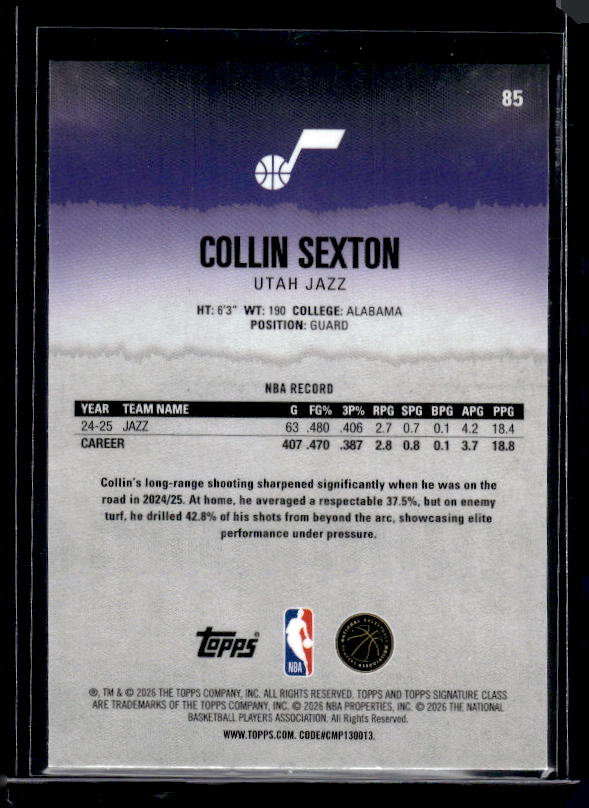 2025-26 Topps Signature Class #85 Collin Sexton Chrome