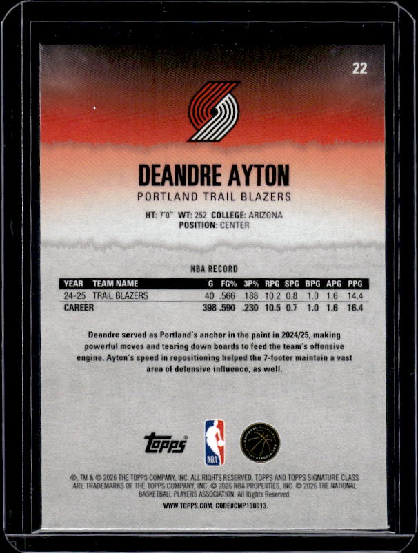 2025-26 Topps Signature Class #22 Deandre Ayton Chrome