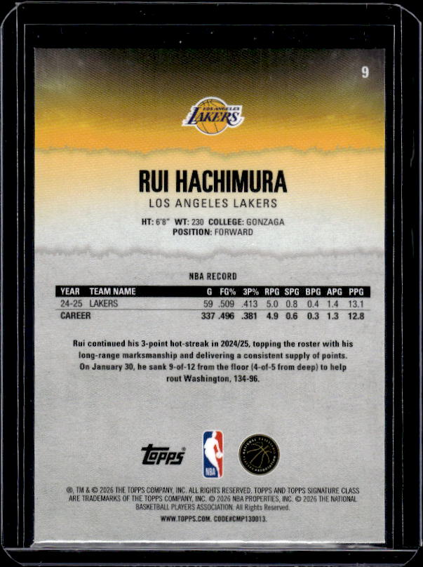 2025-26 Topps Signature Class #9 Rui Hachimura Chrome