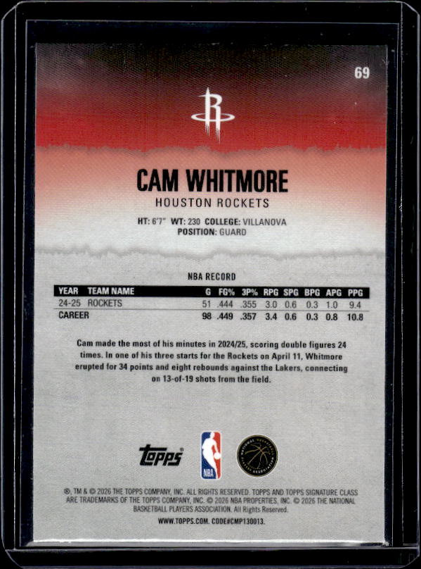 2025-26 Topps Signature Class #69 Cam Whitmore Chrome