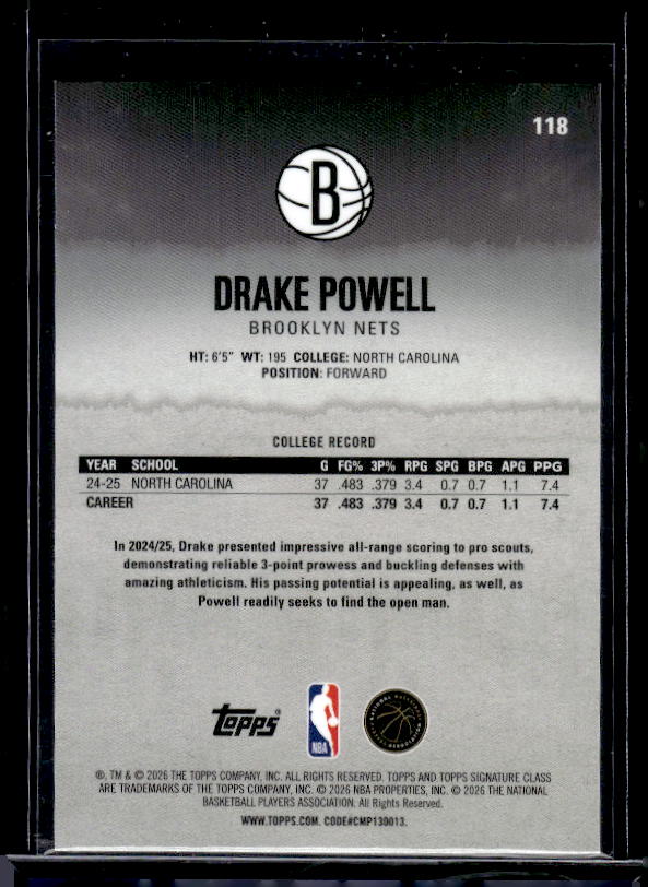 2025-26 Topps Signature Class #118 Drake Powell Chrome