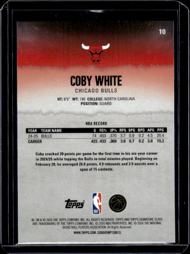 2025-26 Topps Signature Class #10 Coby White Chrome