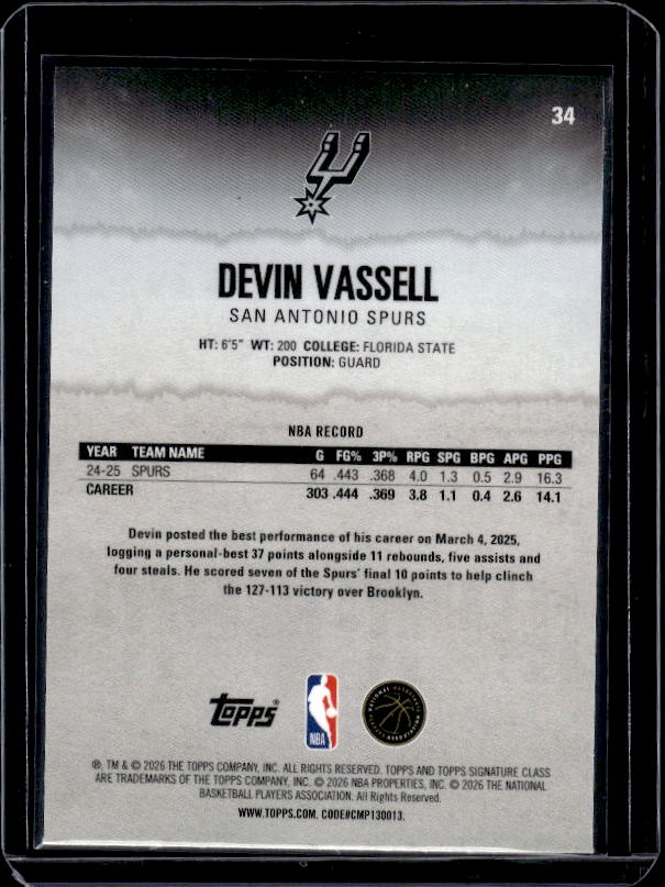 2025-26 Topps Signature Class #34 Devin Vassell Chrome