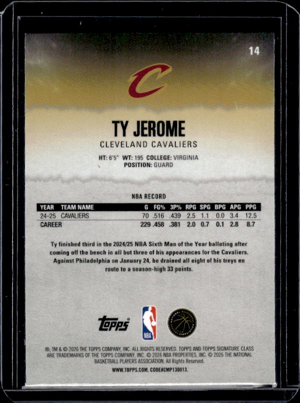 2025-26 Topps Signature Class #14 Ty Jerome