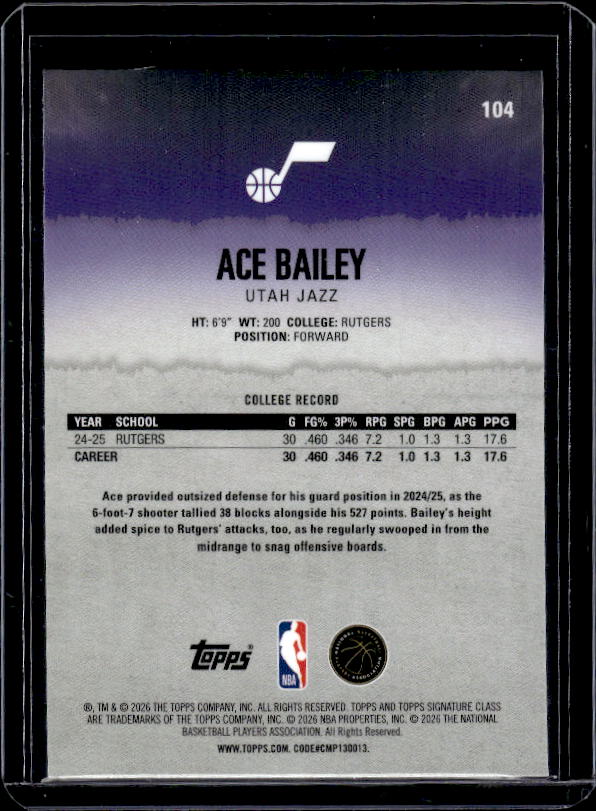2025-26 Topps Signature Class #104 Ace Bailey