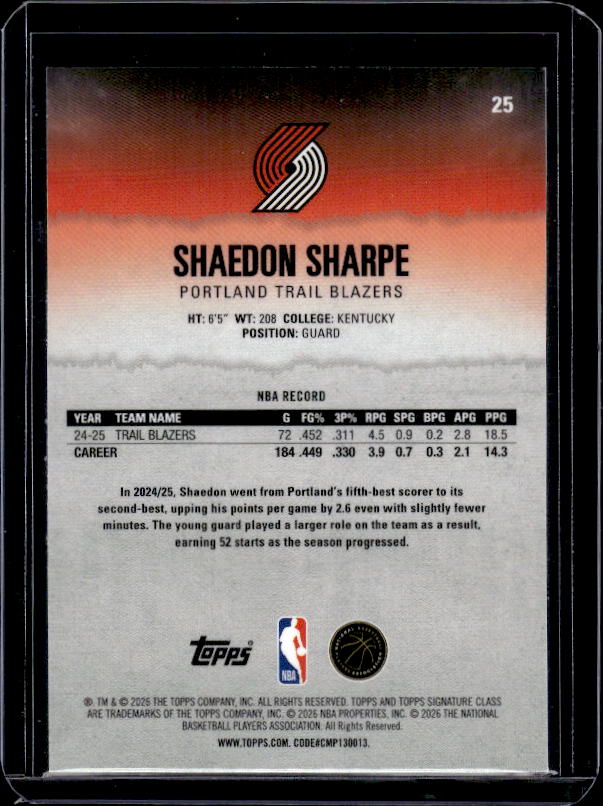 2025-26 Topps Signature Class #25 Shaedon Sharpe Chrome