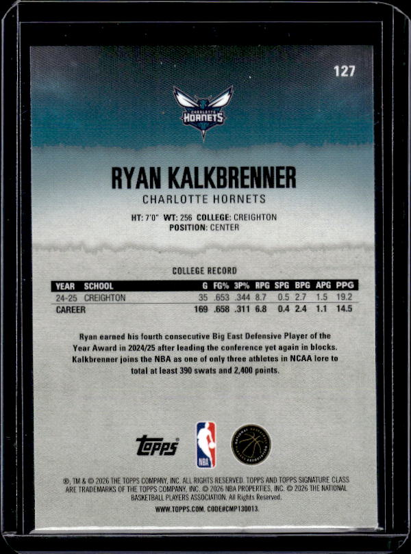 2025-26 Topps Signature Class #127 Ryan Kalkbrenner Chrome