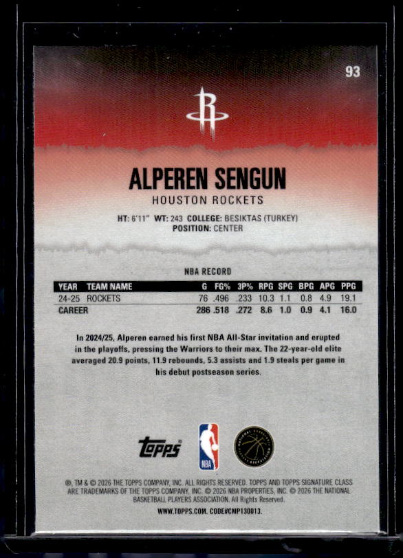 2025-26 Topps Signature Class #93 Alperen Sengun Chrome