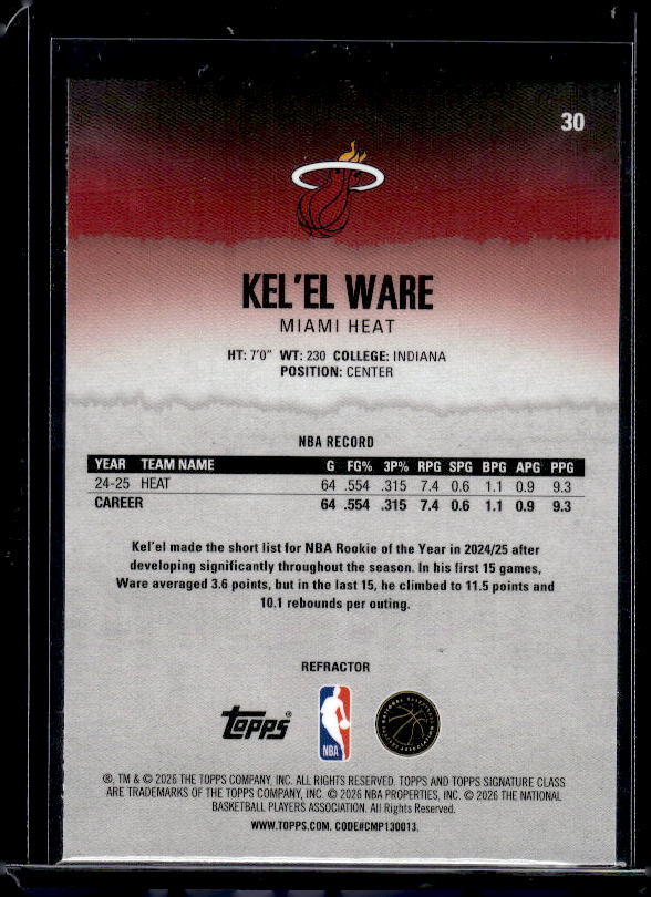 2025-26 Topps Signature Class #30 Kel'el Ware Refracor