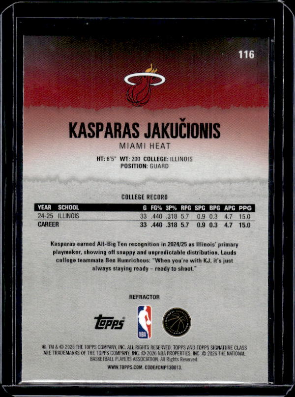 2025-26 Topps Signature Class #116 Kasparas Jakučionis Refractor