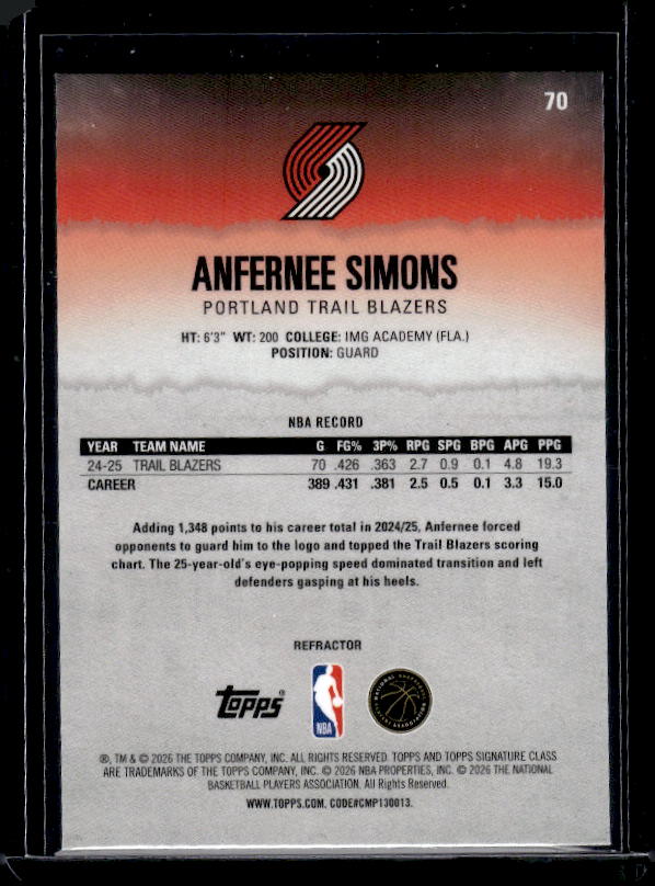 2025-26 Topps Signature Class #70 Anfernee Simons Refractor
