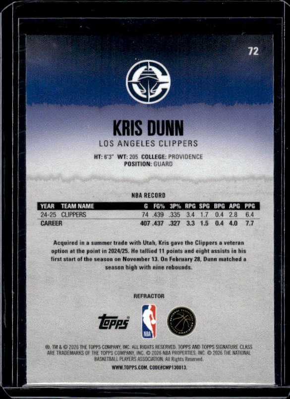 2025-26 Topps Signature Class #72 Kris Dunn Refractor
