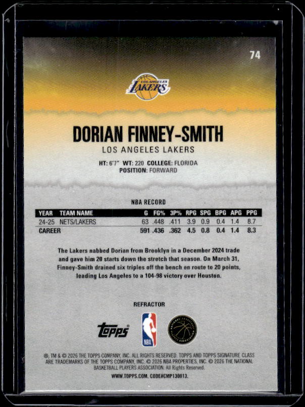 2025-26 Topps Signature Class #74 Dorian Finney-Smith Refractor
