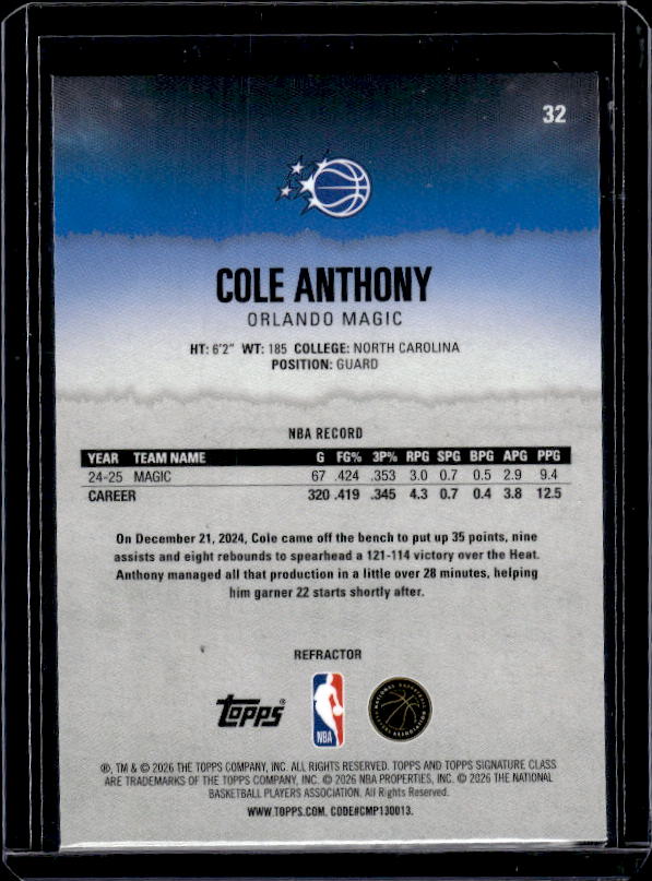 2025-26 Topps Signature Class #32 Cole Anthony Refractor