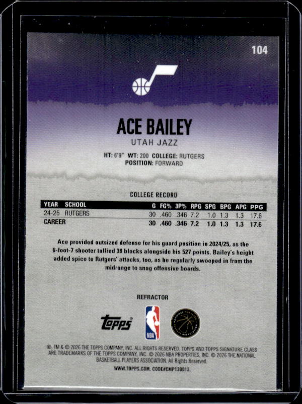 2025-26 Topps Signature Class #104 Ace Bailey Refractor
