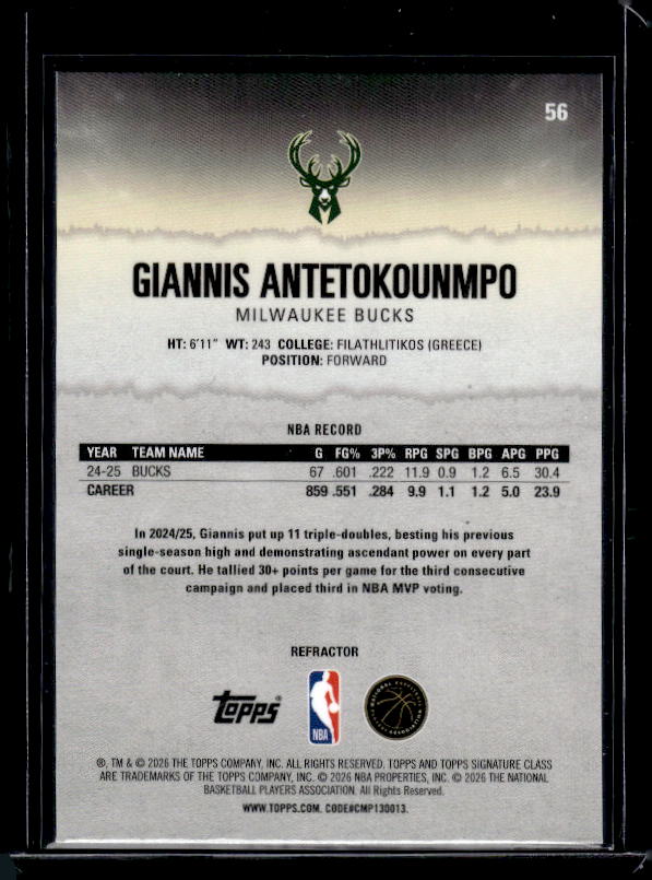 2025-26 Topps Signature Class #56 Giannis Antetokounmpo Refractor