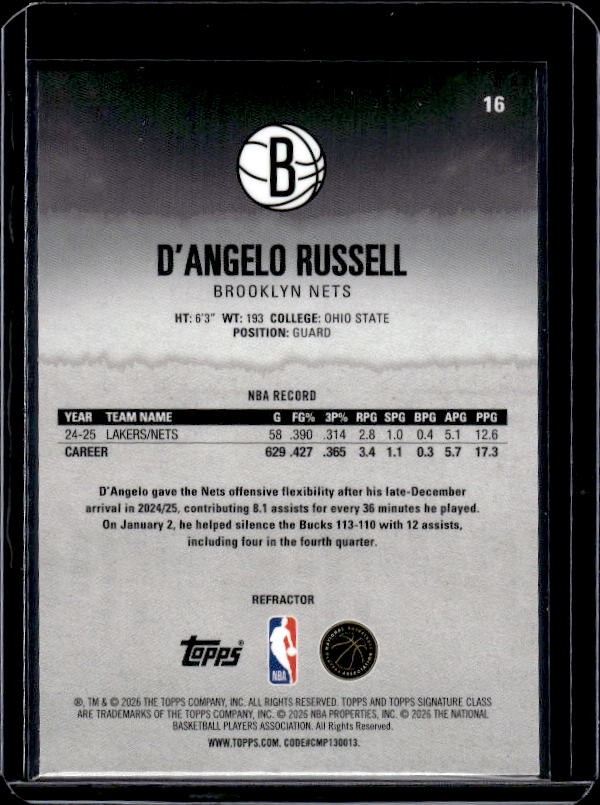 2025-26 Topps Signature Class #16 D'Angelo Russell Refractor