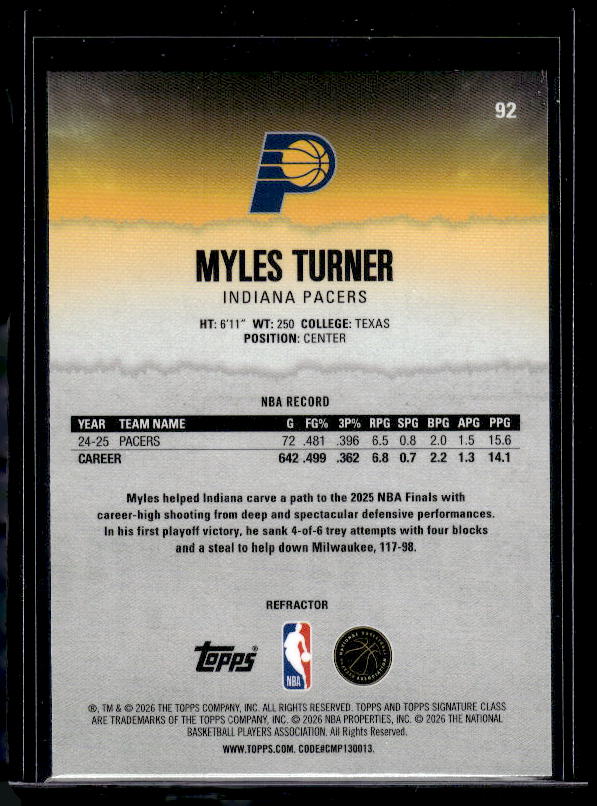 2025-26 Topps Signature Class #92 Myles Turner Refractor