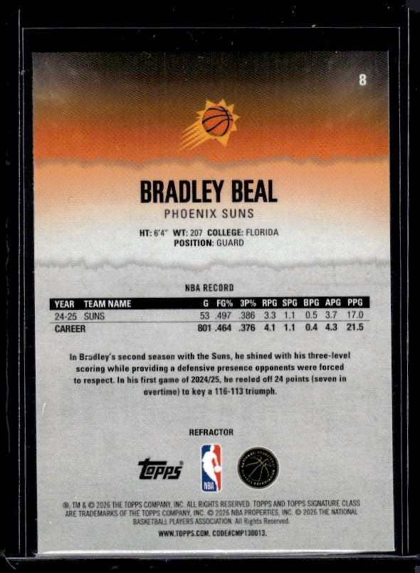 2025-26 Topps Signature Class #8 Bradley Beal Refractor