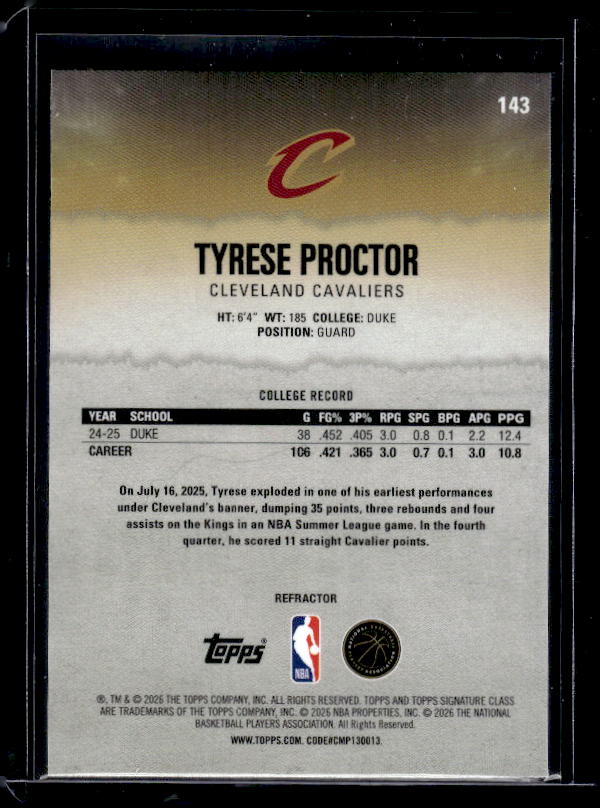 2025-26 Topps Signature Class #141 Tyrese Proctor Refractor