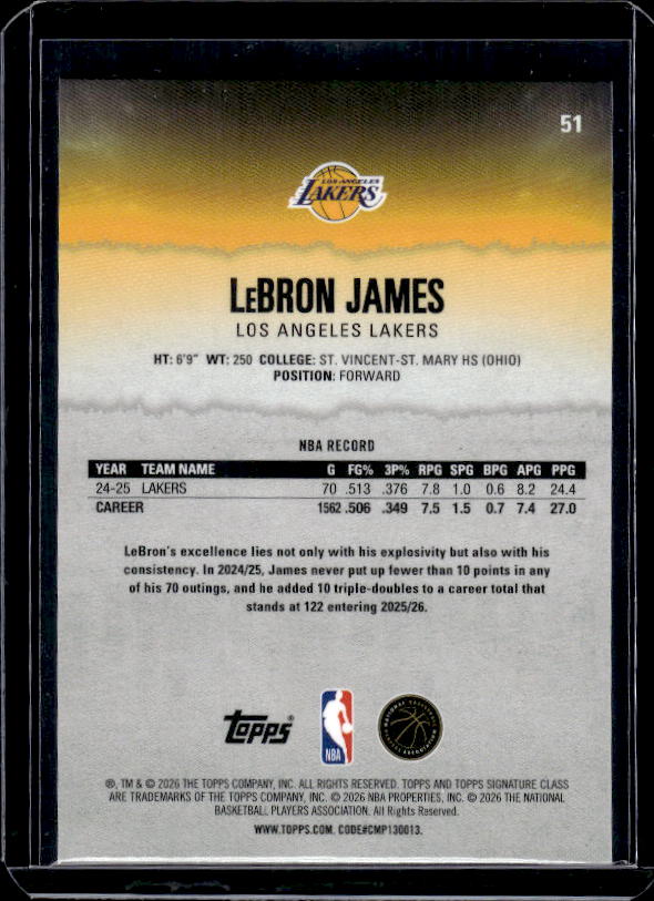 2025-26 Topps Signature Class #51 LeBron James Pandora Refractor